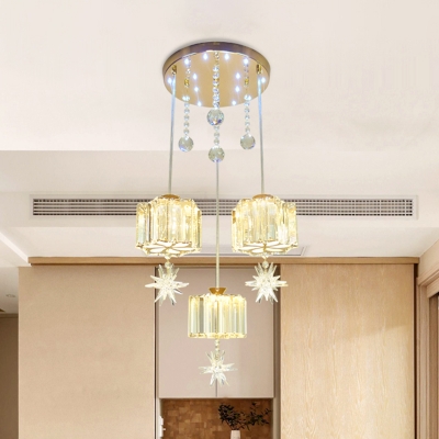 Modern Style Floral Multi Hanging Light 3 Bulbs Beveled Crystal Pendant Ceiling Light in Gold