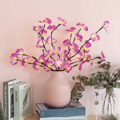 Moth Orchid Branch Plastic Desk Light Art Deco White/Purple and Pink LED Night Table Lamp for Living Room