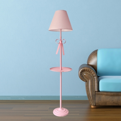 Nordic Conical Fabric Standing Light 1 Bulb Floor Lamp in White/Pink/Blue with Blue/Pink Bow and Plate for Living Room