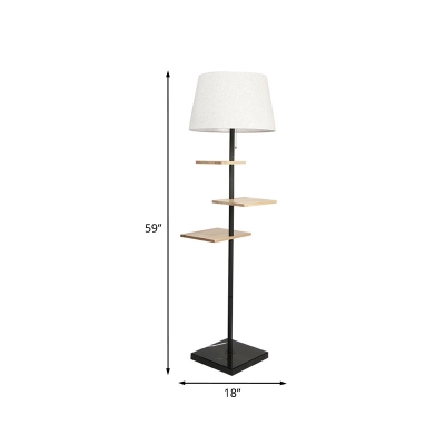 Nordic Functional Tapered Drum Floor Lamp Fabric 1-Light Sitting Room Standing Light with 3-Layer Wood Rack