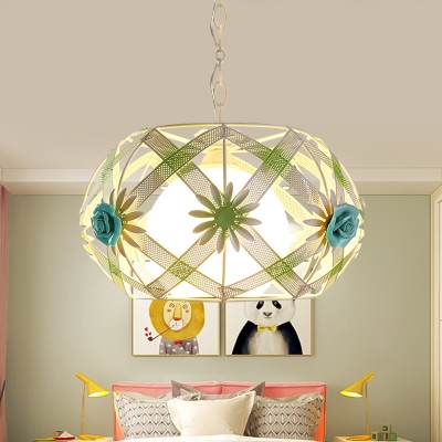 Orb Cream Glass Pendant Lamp Korean Flower 1 Head Living Room Hanging Light with Cage in Pink/Blue