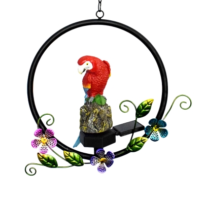 Parrot and Ring Stand Solar Pendant Light Modern Resin Outdoor LED Hanging Lamp Kit in Red/Blue