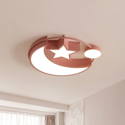 Pink Crescent and Star Ceiling Flush Macaron Metal LED Flush-Mount Light Fixture