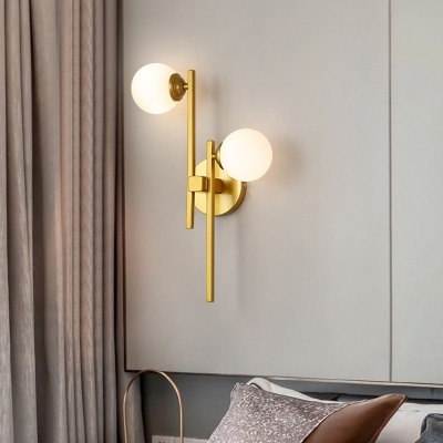 Postmodern Style Ball Sconce Light Ivory Glass 2-Light Living Room Wall Mount Lamp with Rod Arm in Gold