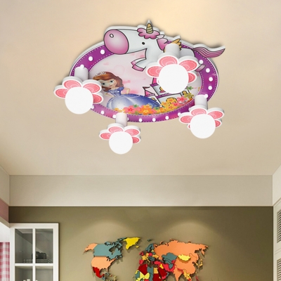 Princess And Unicorn Ceiling Lamp Cartoon PVC 4-Head Purple Flush Mounted Light Fixture, 6.5
