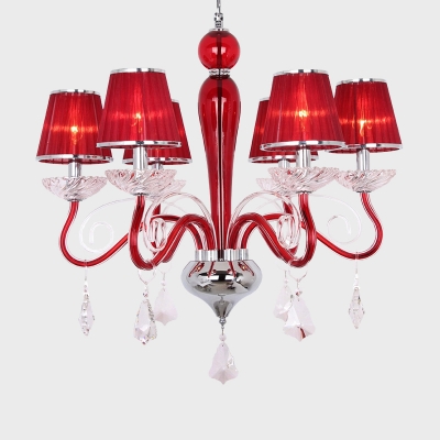 Red Cone Shade Chandelier Light Modern Pleated Fabric 6-Bulb Restaurant Pendant with Crystal Detail