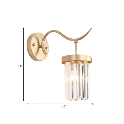 Ribbed Crystal Gold Wall Sconce Cylindrical Single-Bulb Living Room Wall Mounted Light