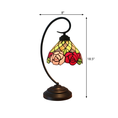 Rose Nightstand Light 1 Head Stained Art Glass Mediterranean Table Lamp in Dark Coffee with Bowl Shade