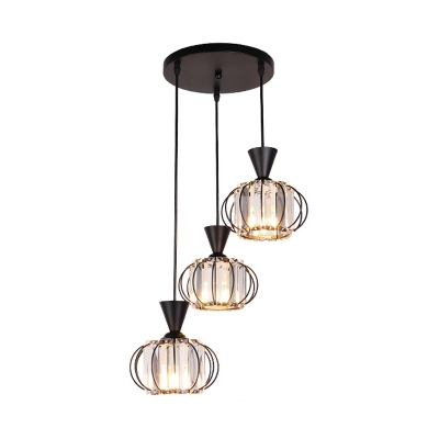 Round Cluster Pendant Modern Crystal Block 3 Heads Black Finish Drop Lamp with Wire Cage