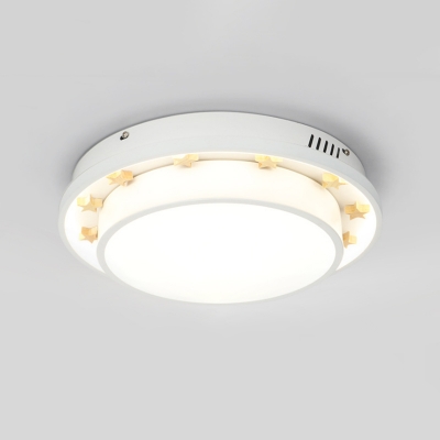 Round Metal Ceiling Flush Light Nordic White LED Flushmount Lighting with Wood Star Rim