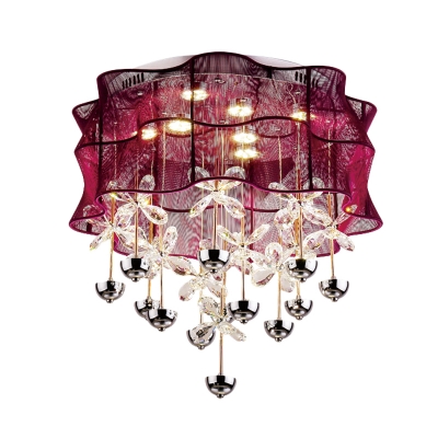 Sheer Fabric Flower Ceiling Flush Modernist LED Pink Flushmount Light with Crystal Accent