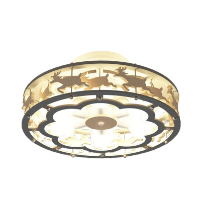 Sika Deer Carousel Iron Semi Flush Light Nordic 6 Heads Grey and Wood Ceiling Mounted Lamp