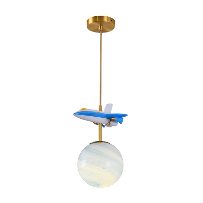 Sphere Pendant Ceiling Light Kids Gradient Blue/White Glass Single Nursery Suspension Lamp with Aircraft Decoration