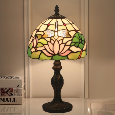 Stained Art Glass Dark Wood Nightstand Light Dome Shade 1 Light Baroque Lotus Patterned Night Table Lamp