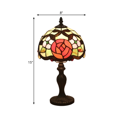 Stained Glass Bronze Nightstand Light Bowl 1 Head Mediterranean Night Table Lamp with Rose Pattern