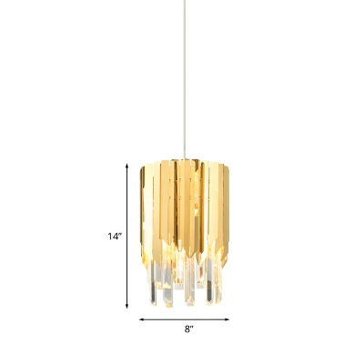 Stainless Steel Polished Gold Drop Pendant Cylindrical 1 Head Minimalist Hanging Light with Inserted Crystal