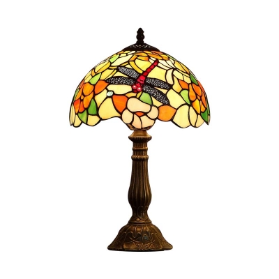 Tiffany Dome Night Light 1 Bulb Stained Art Glass Desk Lighting in Bronze with Flower and Dragonfly Pattern