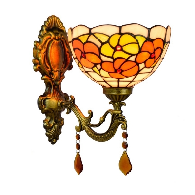 Tiffany Flower Wall Mounted Lamp Single Red/Orange/Purple Handcrafted Art Glass Sconce Lamp in Bronze