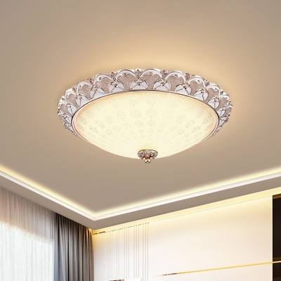 White Glass Domed Ceiling Lighting Antique LED Bedroom Flush Mount Light Fixture with Carved Edge