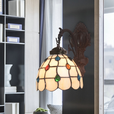 White Gridded Glass Bell Wall Sconce Baroque 1-Light Bronze Wall Mount Fixture with Gem-Like Cabochons