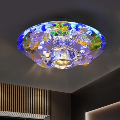 Yellow Circular Ceiling Lighting Minimalism Cut Crystal LED Corridor Flush Light with Fish Decor in Purple/Blue/Multi Color Light