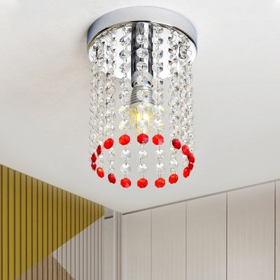 1 Bulb Cylinder Flush Mount Lamp Modern Chrome-Red Crystal Tassel Ceiling Light Fixture