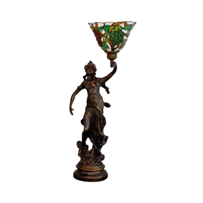 1-Bulb Night Light Baroque Bowl/Flared Stained Art Glass Flower/Grapes Patterned Nightstand Lamp in Orange/Green