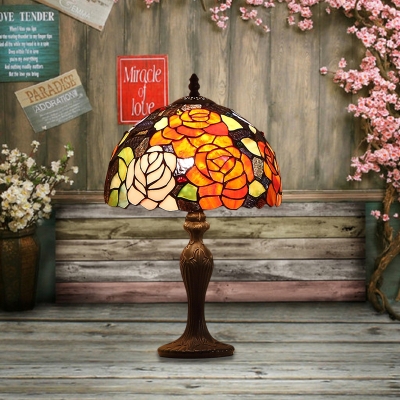1-Bulb Night Table Lighting Victorian Bowl Shade Hand Cut Glass Bloom Patterned Nightstand Light