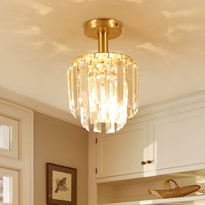 1 Bulb Semi Flush Ceiling Light Simple 2-Layer Cylinder Crystal Prism Flush Light Fixture in Brass