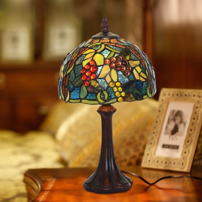 1 Head Bedroom Nightstand Lamp Victorian Coffee Fruit Patterned Table Light with Domed Stained Glass Shade in Coffee