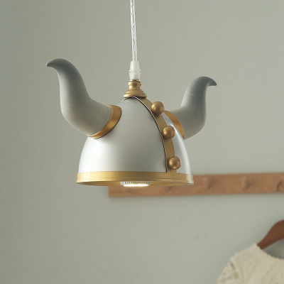 1-Light Bedroom Pendant Lamp Kids Grey and Gold Hanging Light with Viking Warrior Hat Metal Shade