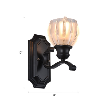 1 Light Clear Ribbed Glass Wall Mounted Lamp Classic Style Black Domed Living Room Surface Wall Sconce with Swooping Arm