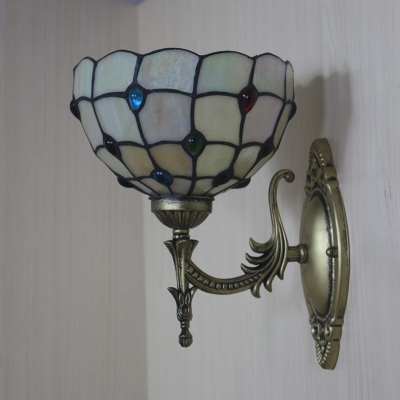 1-Light Gridded/Scalloped Sconce Lamp Tiffany Yellow/Beige Cut Glass Wall Mount Fixture with Jewels