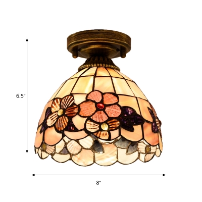 1-Light Flush Mount Lamp Tiffany Style Pink/Orange/Beige Glass Camellia/Peony/Flower Ceiling Light for Corridor