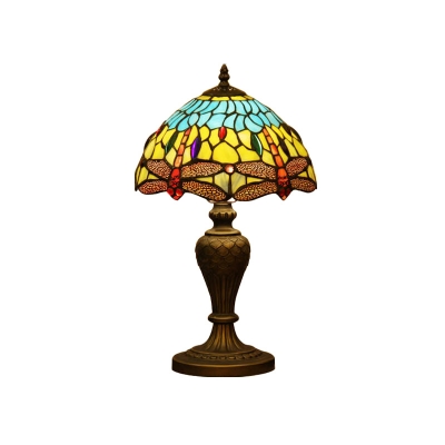 1-Light Table Lamp Tiffany Yellow and Blue Dragonfly Glass Nightstand Light with Gem-Like Cabochons