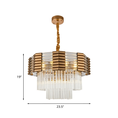 3-Tier Polygon Restaurant Chandelier Mid Century Crystal Tube 9-Bulb Brass Hanging Lamp Kit