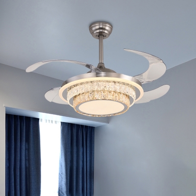 4-Blade Silver 2 Tiers Semi Flush Lamp Contemporary Crystal Block LED Ceiling Fan Lighting, 19.5