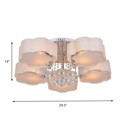 5 Heads Flower Ceiling Flushmount Lamp Modern Chrome Acrylic Flush Mount Fixture with Frosted Diffuser and Crystal Drop
