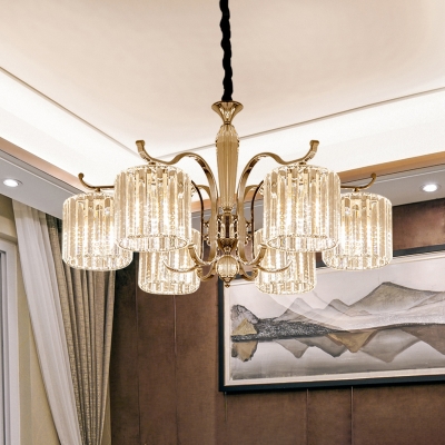 6 Lights Cylindrical Chandelier Modernist Clear Prismatic Crystal Pendant Ceiling Light