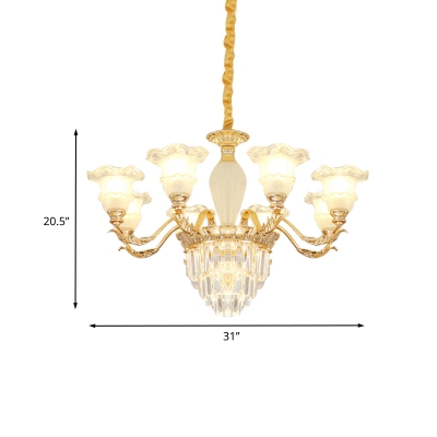 8-Head Ceiling Chandelier Modern Frosted Glass Ruffle Drop Lamp with Tiered Crystal Accent in Gold