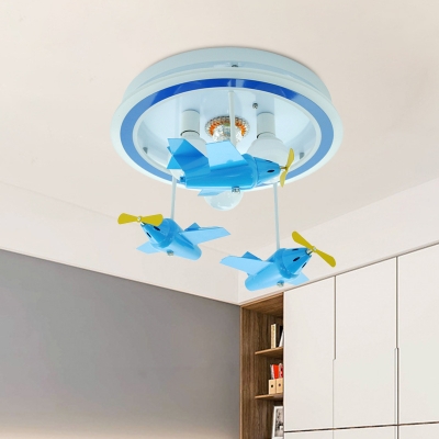 Aircraft Bedroom Semi Mount Lighting Acrylic 3-Light Cartoon LED Ceiling Flush in Blue