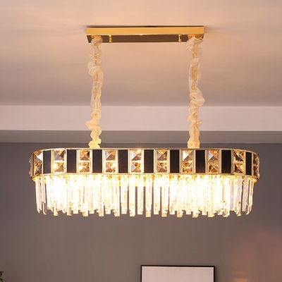 Black and Gold Oblong Island Light Mid Century Crystal 12 Bulbs Dining Table Hanging Pendant