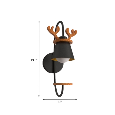 Black Cone Shade Wall Light Nordic 1-Light Iron Sconce Lighting with Wood Rack and Antler Top