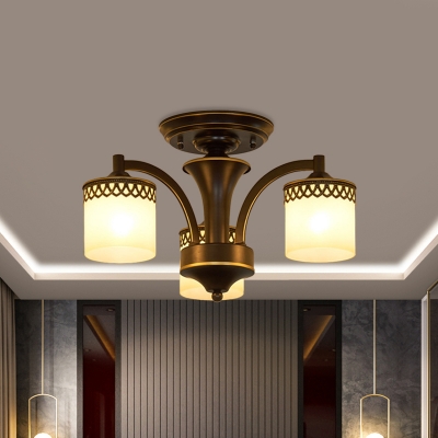 Black Cylinder Semi Flush Mount Retro Tan Glass 3/6/8 Lights Living Room Flushmount Lighting