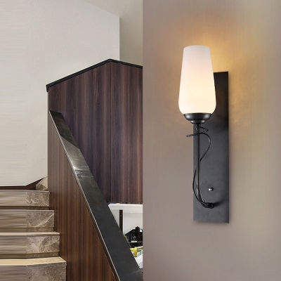 Black Tapered Wall Sconce Light Countryside White Glass 1 Light Stairs Wall Lighting Ideas