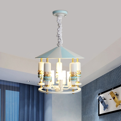 Blue/Black Soldier Chandelier Lamp Cartoon 5 Heads Resin Hanging Light Fixture for Kids Bedroom