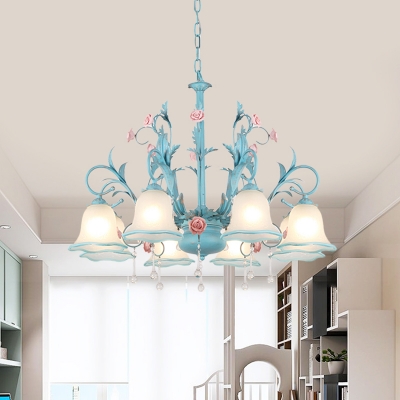 Blue Flower Pendant Chandelier Pastoral Opal Glass 3/5/8-Light Bedroom Drop Lamp with Draping