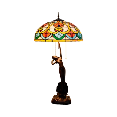 Bowl Night Table Light 3 Heads Stained Art Glass Victorian Pull Chain Desk Lighting in Yellow/Orange with Resin Naked Woman Base