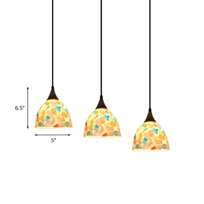 Bowl Shape Shell Multi Hanging Light Mediterranean 3 Lights Bronze Ceiling Pendant with Mosaic Pattern, Round/Linear Canopy