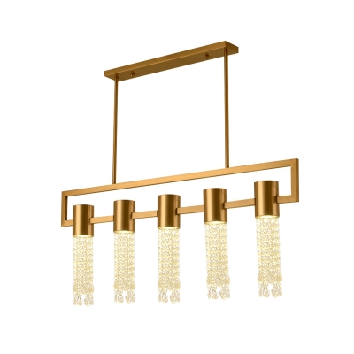 Brass Tubular Island Lamp Fixture Modernist 15 Heads Crystal Drip Hanging Light Kit over Dining Table